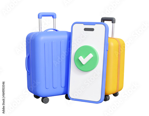 3D render of luggage with a smartphone, green checkmark signifies travel approval