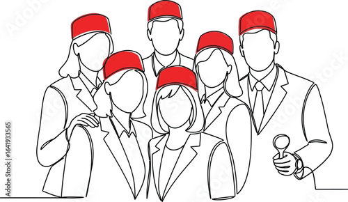 Hotel staff line art illustration with red fez hats group vector