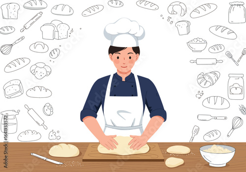 Baker Kneading Dough on Wooden Board with Bread Illustrations