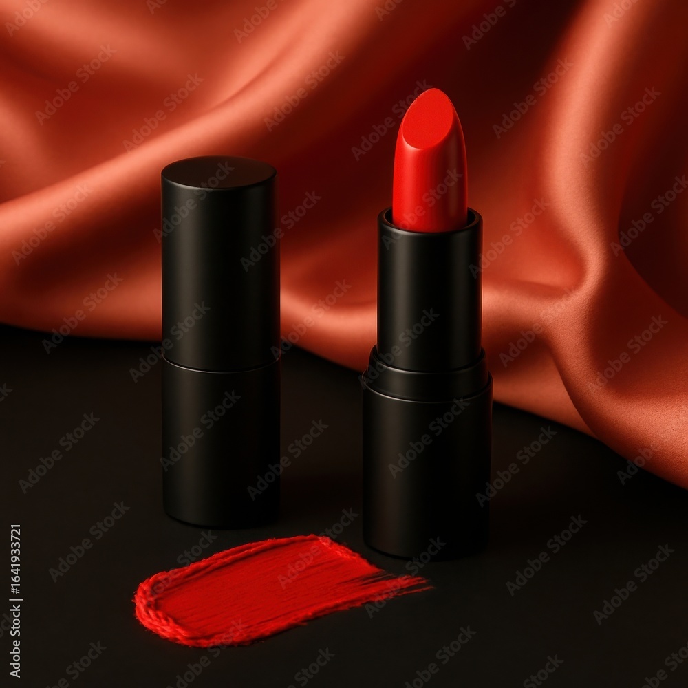 Obraz premium Elegant red lipstick swatch and tube on satin background