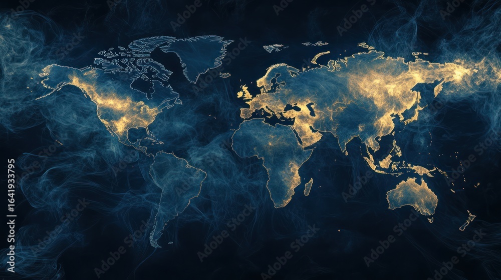 custom made wallpaper toronto digitalWorld map with glowing city lights in smoke. Use Stock photo for global communications, travel, or environmental concepts