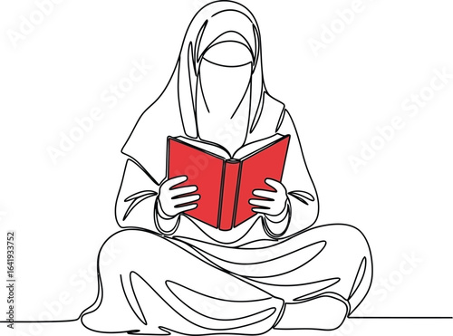 Muslim woman reading quran continuous line drawing vector art vector