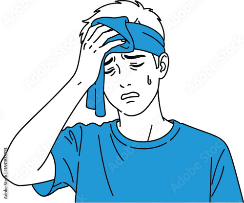 Man with headache wiping sweat from forehead illustration vector