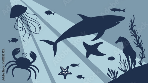 Underwater world marine life silhouettes, shark, jellyfish, crab, starfish, fish, seahorse, light rays. Ocean nature background.