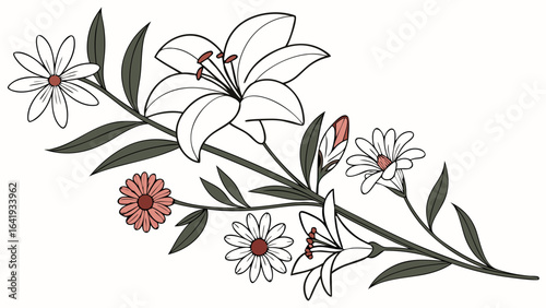 Elegant white lily and daisy floral line art illustration. Simple bouquet drawing with pink flowers for spring, summer, wedding design.