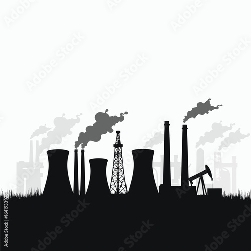 Industrial factory silhouette with smoking chimneys and oil pump