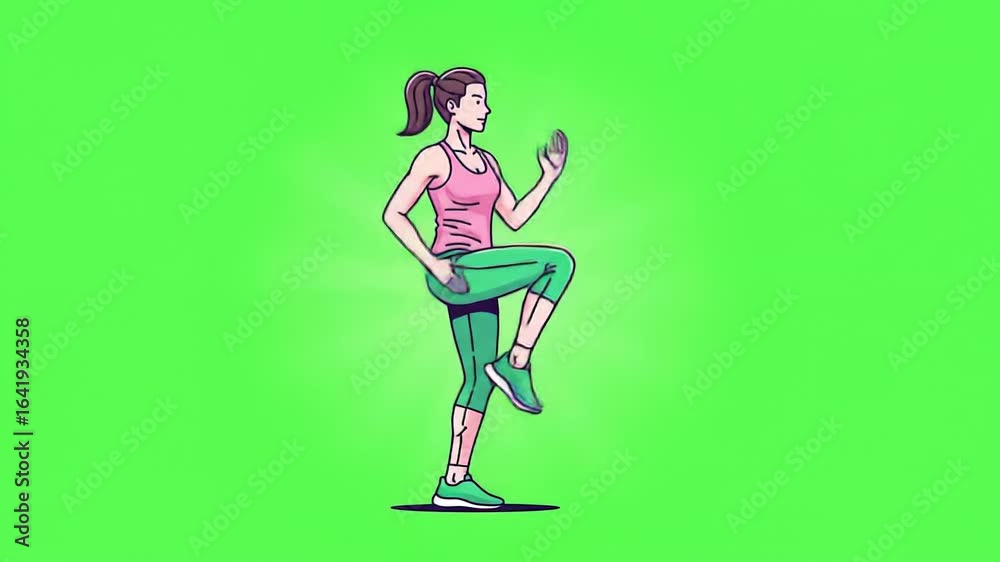 Illustrated woman in pink and green activewear midjump on a vibrant green background Illustrated woman in pink and green activewear midjump on a vibrant green background
