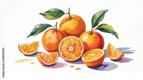 Vibrant Watercolor Painting of Fresh Oranges with Green Leaves and Citrus Slices on White Background with Soft Shadows