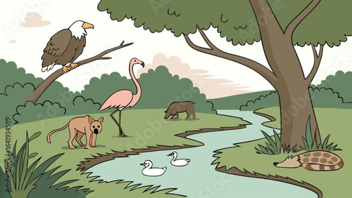 Wild animals in nature. Diverse wildlife in a natural forest landscape with a river. Ecosystem and animal habitat illustration.