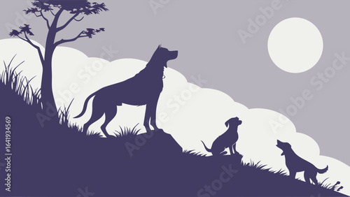 Moonlit dogs and puppies silhouette on a hill. Canine family pack in nature at night.