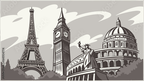 Iconic world landmarks for international travel and tourism. Famous destinations like Eiffel Tower, Big Ben, Statue of Liberty, Colosseum.