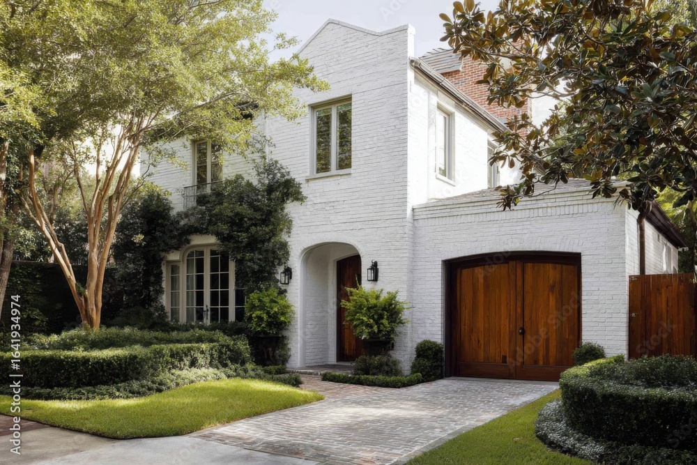 Naklejka premium Classic white brick house surrounded by greenery with lush landscaping and a wooden garage door in an upscale neighborhood during the daytime