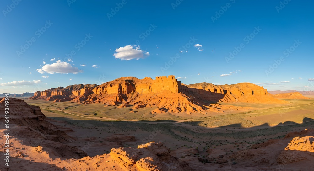 Fototapeta premium Scenic panoramic view of the flaming cliffs in the gobi desert, mongolia under a clear blue sky with scattered clouds.