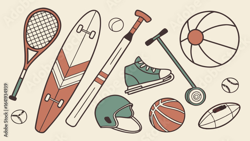 Collection of various sports equipment and recreational items. Diverse gear for active lifestyle, games, and outdoor activities.