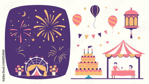 Festival and Carnival Celebration Event with Fireworks, Ferris Wheel, Party Cake, Balloons, and Tent.