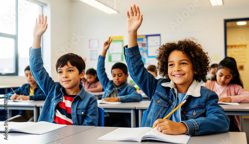 Diverse Elementary Students Participating in Class Discussion