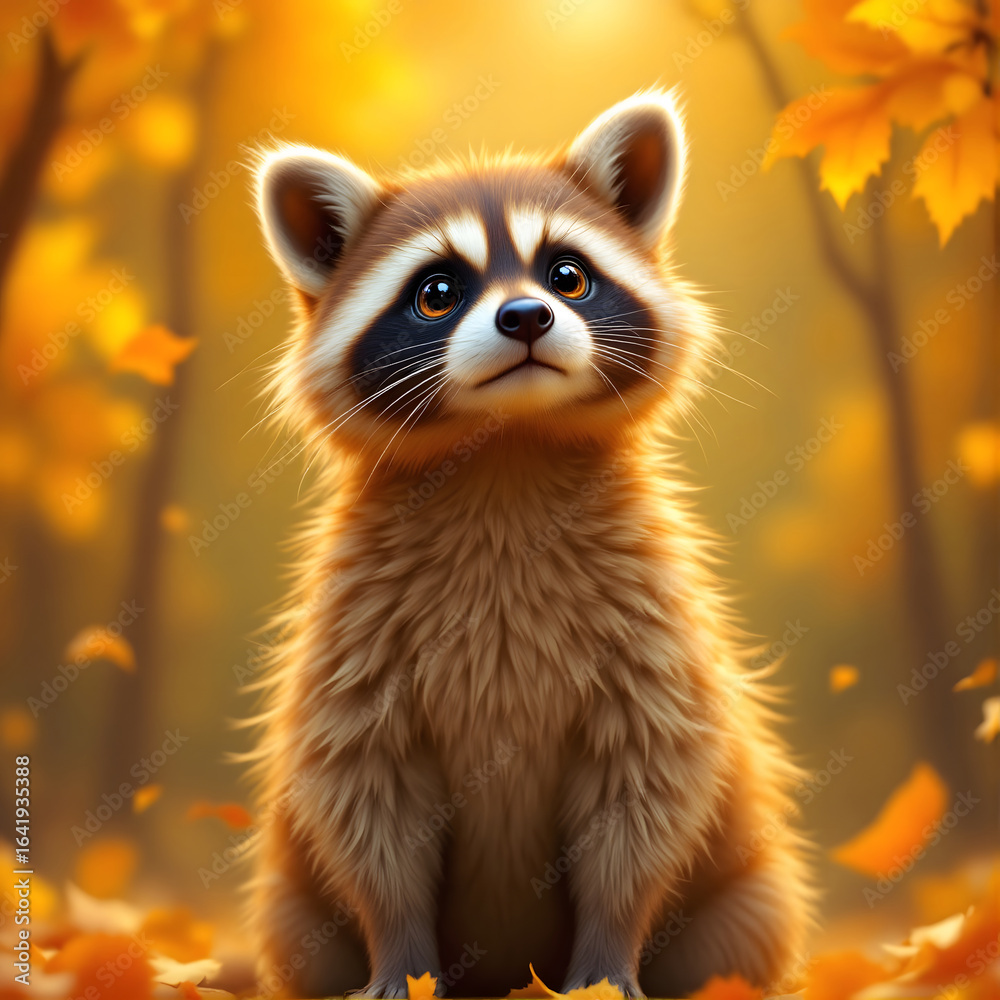 Obraz premium Adorable Baby Raccoon Sitting in Autumn Forest Surrounded by Golden Leaves