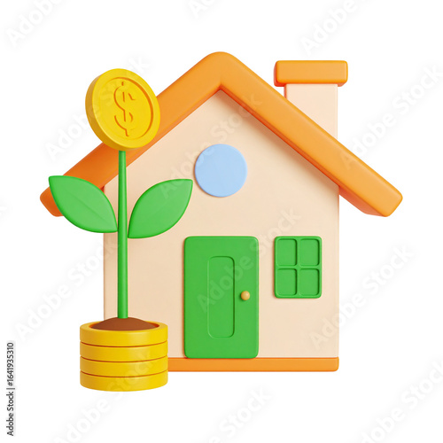 A 3D house with a growing money plant representing real estate investment