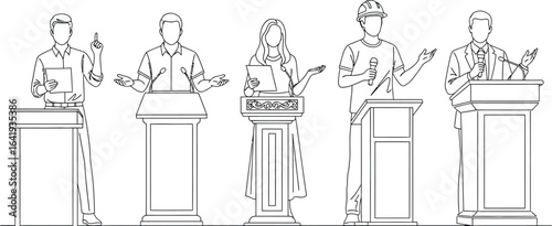 Diverse speakers at podiums outline illustration vector vector