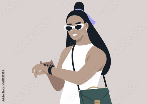 A fashionable person with sleek hair and trendy sunglasses glances at a watch, carrying a stylish handbag, radiating sophistication and poise in a chic atmosphere