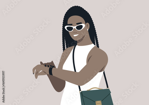A fashionable person with sleek hair and trendy sunglasses glances at a watch, carrying a stylish handbag, radiating sophistication and poise in a chic atmosphere