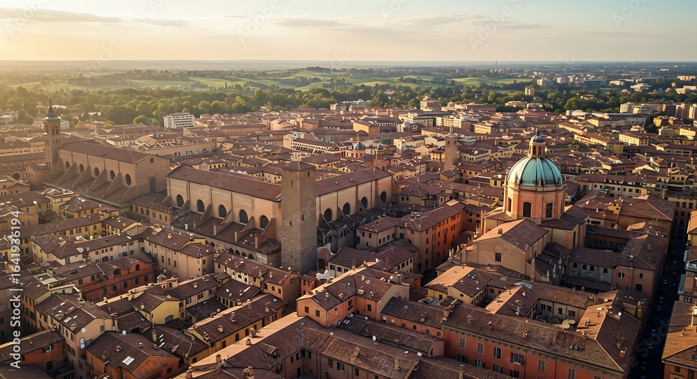 Naklejka premium Aerial view of Bologna's historic architecture with terracotta rooftops and lush hills in the background.