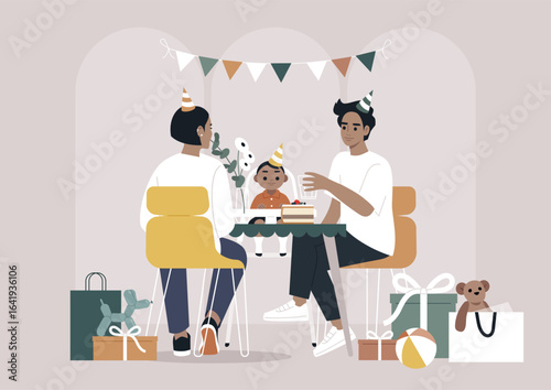 Festivities fill the air as a family gathers around a table at a restaurant, sharing laughter and cake to celebrate a child's birthday, surrounded by colorful decorations and gifts