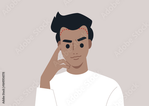 A young man with a receding hairline poses thoughtfully, his expression showing concern as he reflects on his hair