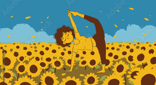 Illustration of a serene woman practicing a flexible yoga pose in a beautiful, sunny field of sunflowers, promoting wellness and harmony