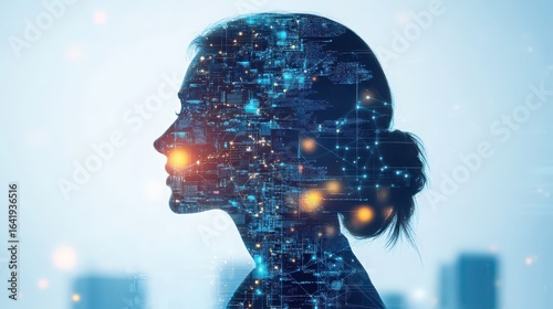 Silhouette of a woman with digital circuitry overlay against a blurred cityscape background art concept