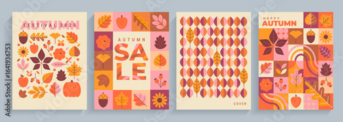 Set bright Autumn cards for greeting autumn,sales or fall festival. Vertical banners with fall leaves,geometric patterns.Fall themed covers.Template for design,print,flyers,social media,web,ads.Vector