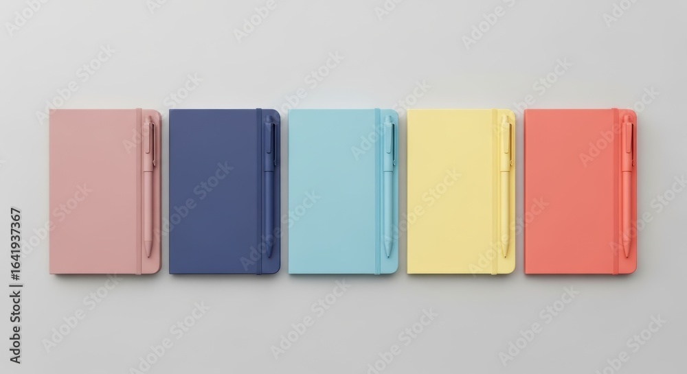 Naklejka premium Colorful Notebook Set with Matching Pens on Minimal Gray Background – Pastel and Vibrant Colors