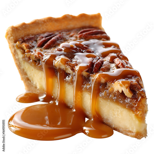 Delicious pecan pie slice with caramel sauce isolated on transparent background, a sweet and nutty dessert perfect for thanksgiving and autumn holidays, a gourmet treat