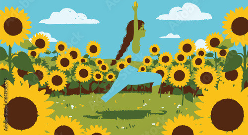 Vector illustration of a carefree person leaping with joy in a beautiful summer sunflower field