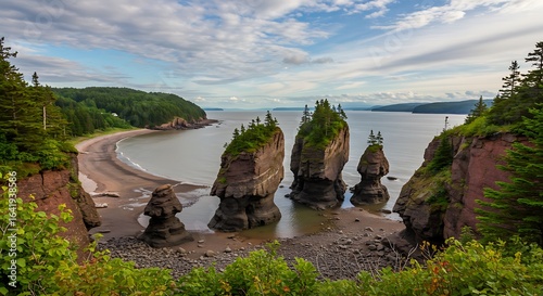 One picturesque scene of Hopewell Rocks Provincial Park in the Bay of Fundy, New Brunswick, Canada