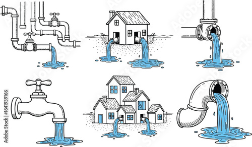 Plumbing system water drainage solutions and house connections vector