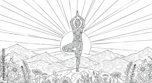 Line art illustration of a person in a yoga tree pose, meditating in a mountain and flower landscape at sunrise.