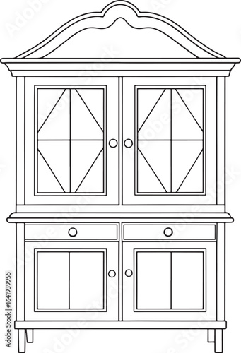 China cabinet outline illustration for coloring books, home furnishing designs, and creative decor projects