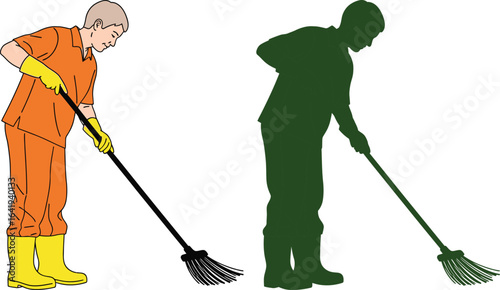 Man sweeping floor with broom cleaning service illustration vector