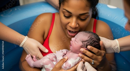 Pure joy African American mother embraces her newborn during a water birth surrounded by supportive medical professionals in a birthing center