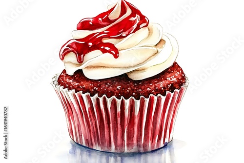 Watercolor Red Velvet Cupcake with Cream Cheese Frosting and Raspberry Glaze