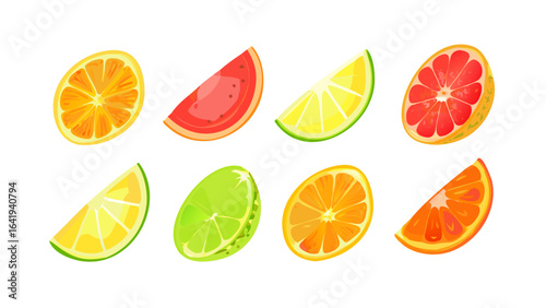An assortment of colorful citrus fruit slices including orange lime grapefruit and watermelon displayed