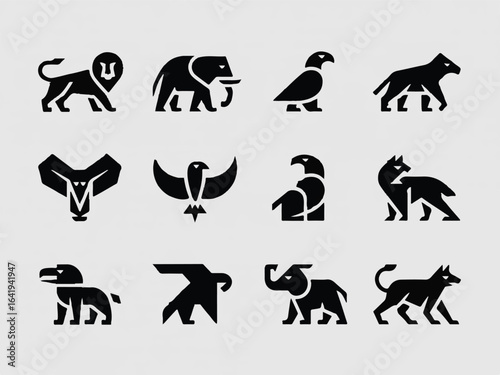 Twelve stylized black animal icons on a light gray background