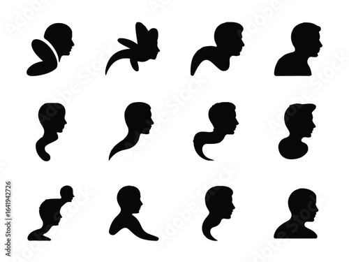 Artistic black silhouette profiles of human heads face