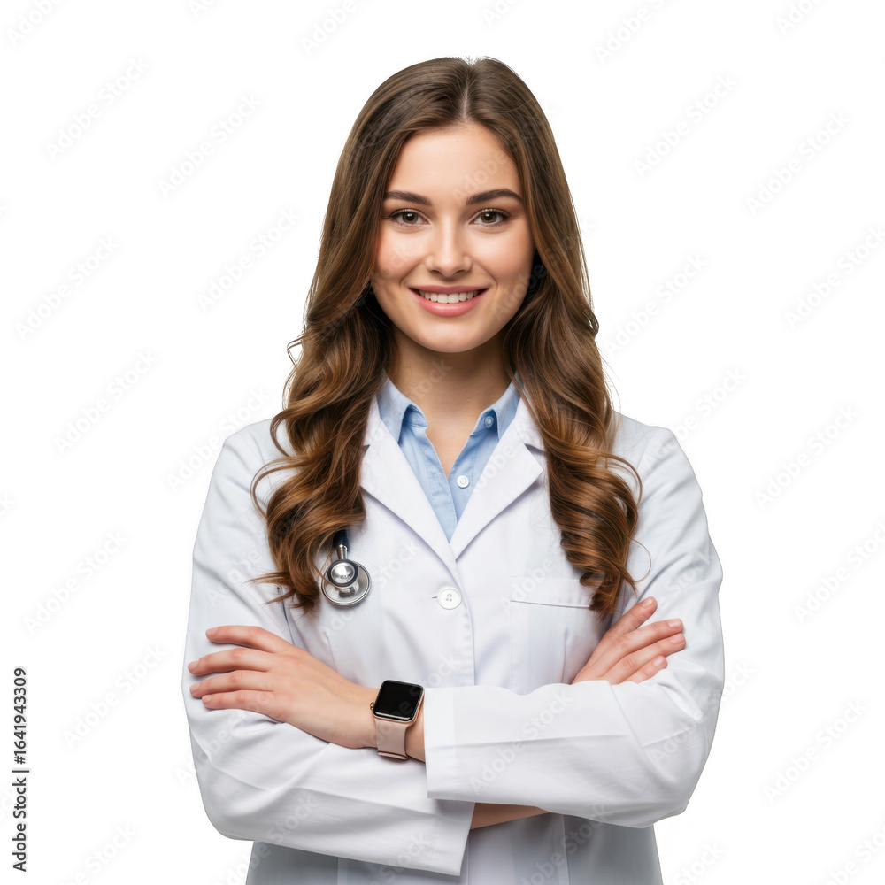 Smiling young female medical professional wearing a white lab coat and stethoscope with arms crossed isolated on transparent background Smiling young female medical professional wearing a white lab coat and stethoscope with arms crossed isolated on transparent background