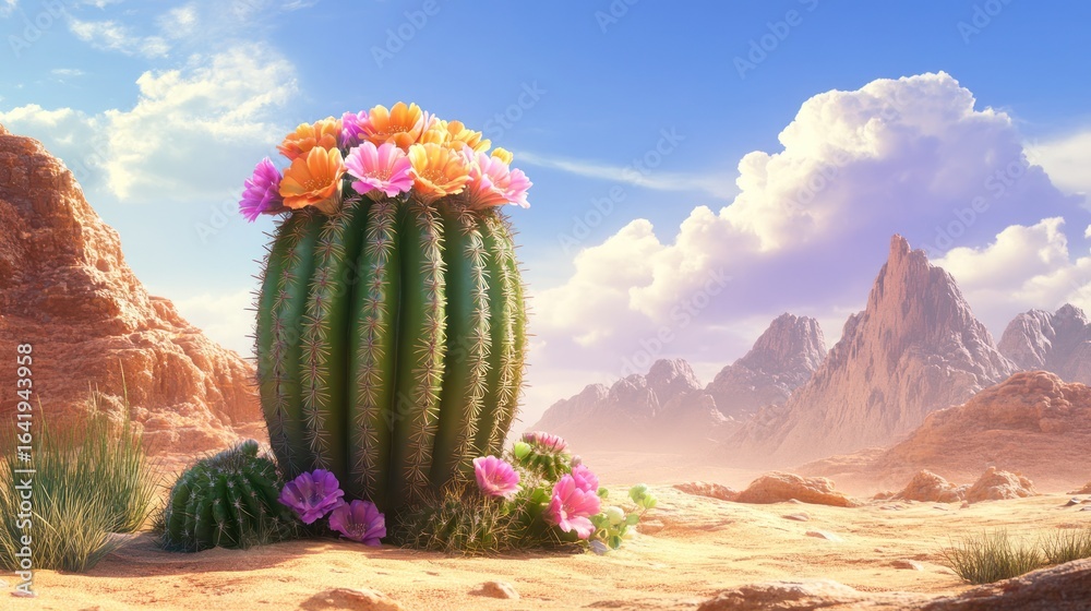 custom made wallpaper toronto digitalFlowering cactus in desert landscape with mountains, blooming season, sunny sky