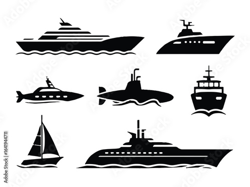 Collection of black silhouette watercraft icons on white background