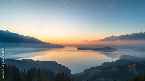 Tranquil mountain landscape with a mirror-like lake under soft morning light.