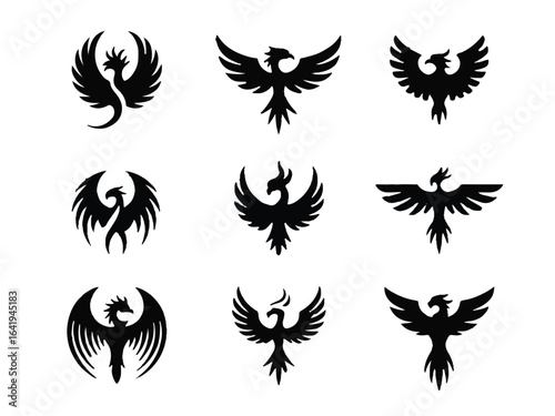 Collection of Nine Black Phoenix Silhouettes on White