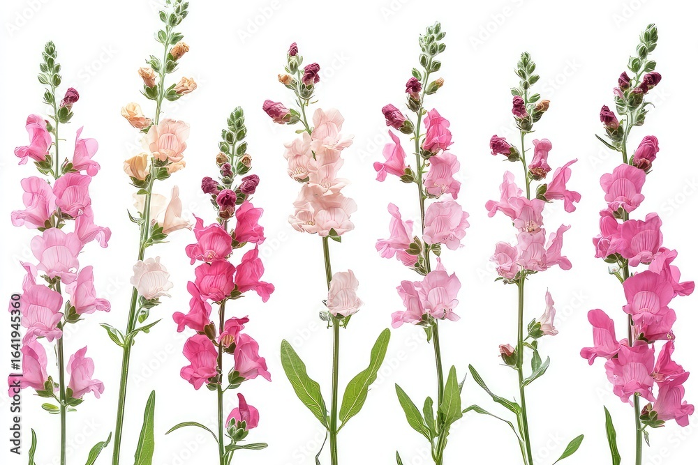 Naklejka premium A set of cheerful wild snapdragon flowers, isolated against a clear background